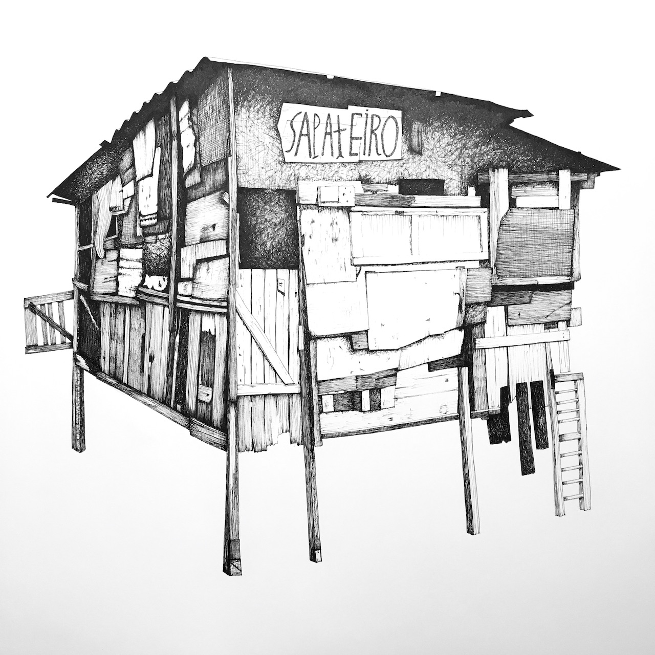 Dessin à l'encre micro-pigment d'une cabane faite de planches avec un toit en tôle ondulée et un écriteau intitulé Sapateiro