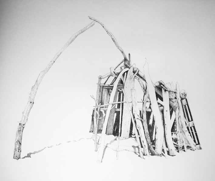 Dessin au crayon de papier d'une cabane en assemblage de bouts de bois et d'une palette