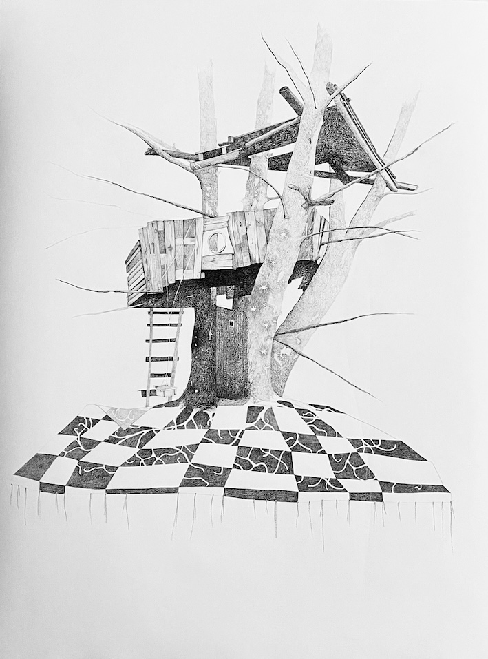 Dessin au crayon de papier d'une cabane dans un arbre en assemblage de bouts de bois avec une fenêtre ronde de hublot, une échelle d'accès et un sol en damier