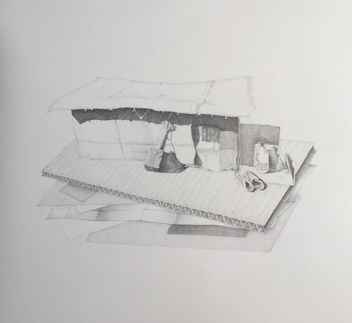 Dessin au crayon de papier d'une cabane en assemblage de morceaux de carton avec une paire de chaussures posée devant