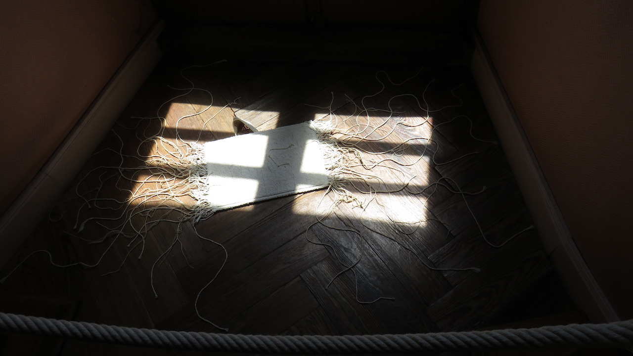 Installation au sol d'un chausson blanc sous un petit tapis qui prend racine, dans l'ombre d'une fenêtre