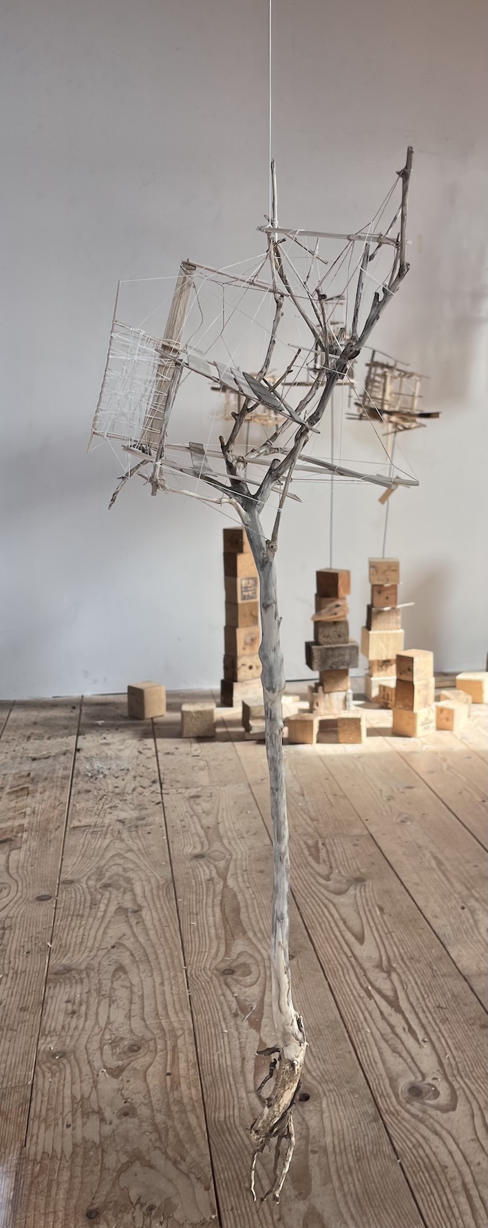 Sculpture de cabane dans un petit citronnier déraciné suspendu