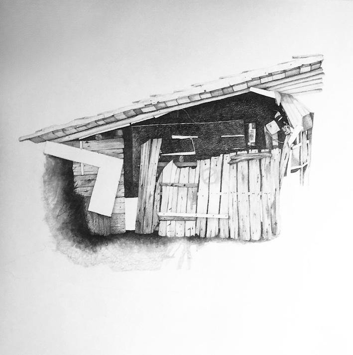 Dessin au crayon de papier d'une cabane garage avec un portail en bois