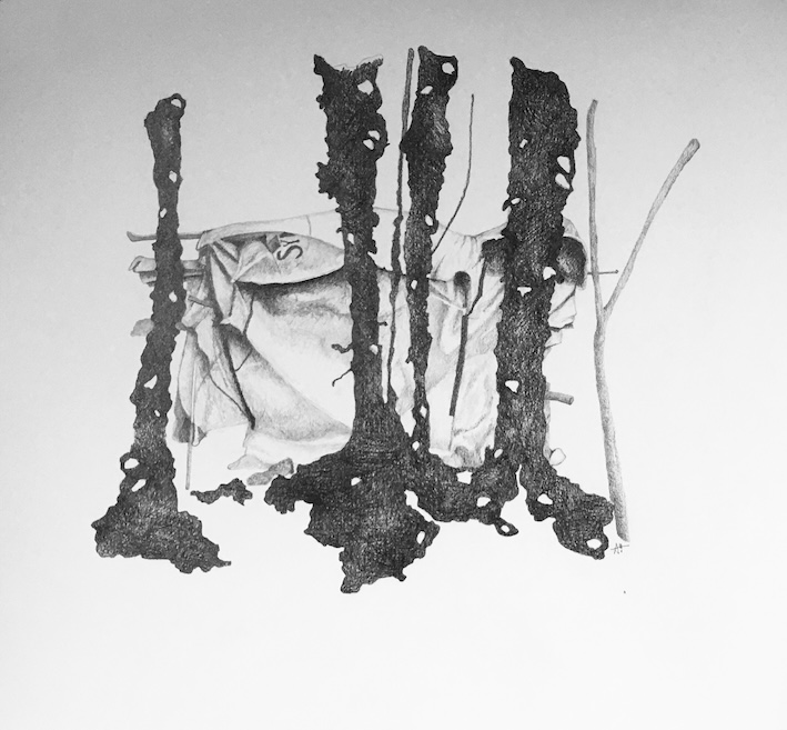 Dessin au crayon de papier d'une cabane recouverte de bâches textile dans une forêt